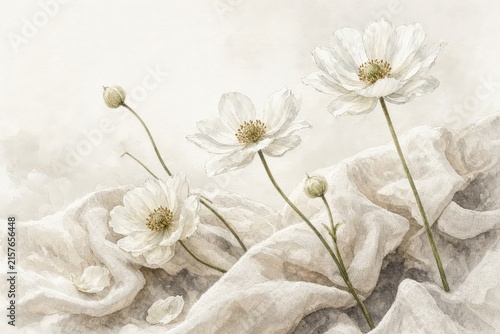 Delicate white flowers resting on soft crumpled fabric with watercolor effect