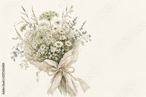 Beautiful wildflowers and greenery form a delicate bouquet wrapped in beige fabric.