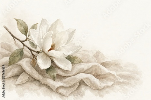 White magnolia flower and green leaves placed on a soft beige fabric in a delicate watercolor painting style.