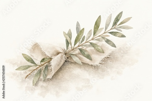 Delicate watercolor illustration of a linen ribbon tied around a sprig of olive leaves on a white background.