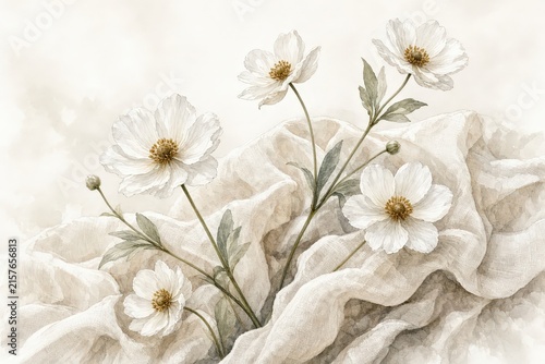Delicate white cosmos flowers resting gracefully on softly draped cream colored linen fabric.