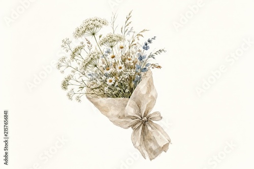 Delicate watercolor bouquet of daisies, queen annes lace, and forgetmenots wrapped in beige paper against a soft cream background.