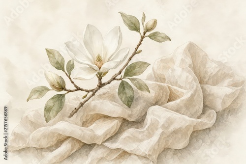 Delicate white magnolia blossom resting upon softly draped cream fabric rendered in muted watercolor tones.