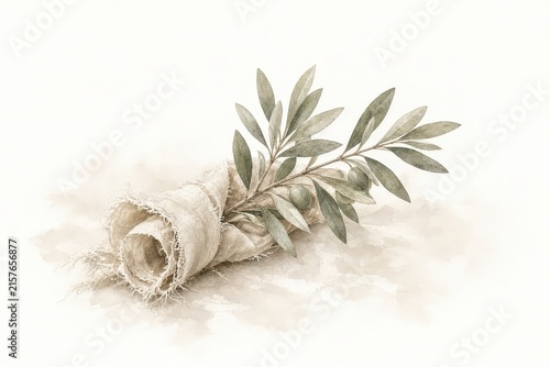 Watercolor illustration of olive branches wrapped in rustic linen cloth on a soft neutral background.