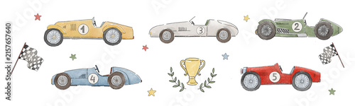 Vintage Racing Cars Watercolor Set with Checkered Flags, Trophy and Stars