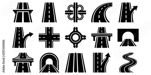 Set of black highway road icons showing various infrastructure elements isolated on a white background for website design templates.