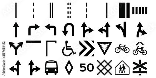 Collection of various black road markings and traffic signs for urban navigation and highway safety design