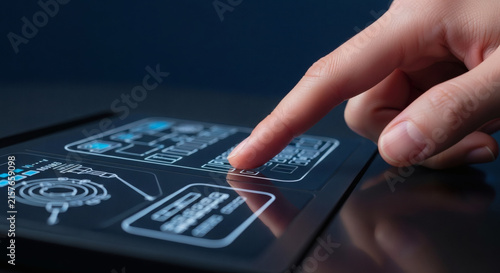 A person using a futuristic transparent digital tablet with glowing interface elements and data displays