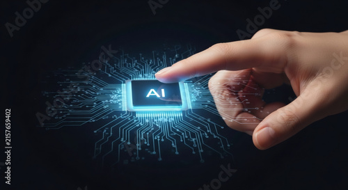 Human hand touching a glowing artificial intelligence microprocessor chip with digital circuit background representing future technology