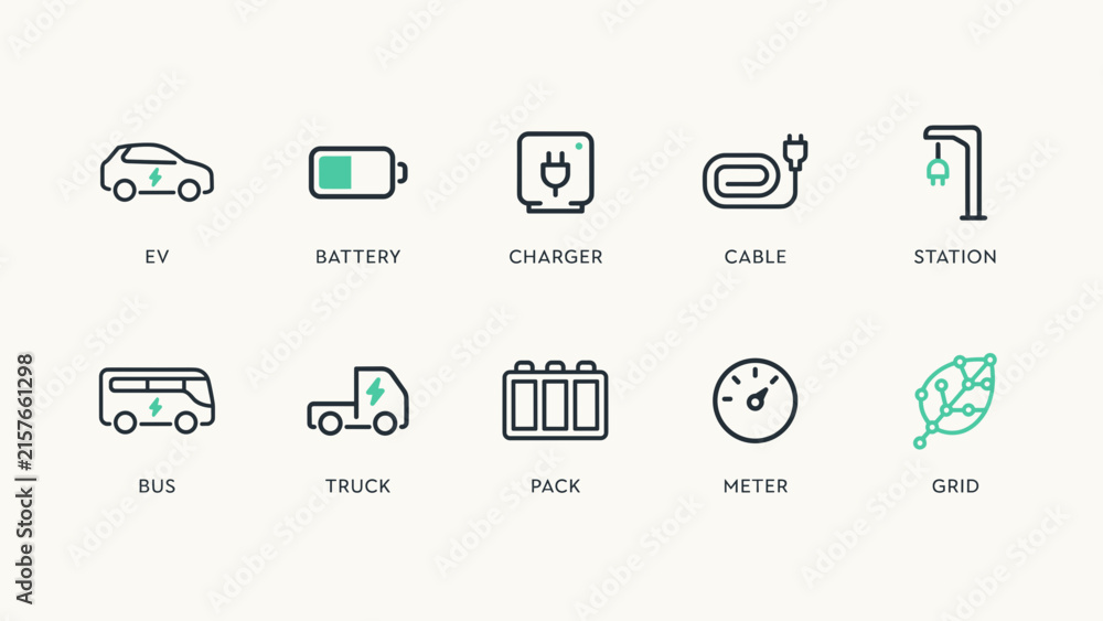 Naklejka premium Clean EV vector icon sheet with charging cable and bus – Ideal for sustainable urban transit, battery tech, or energy systems.