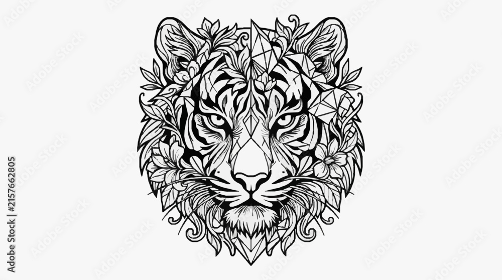 Obraz premium Floral Geometric Tiger Head Tattoo Line Art