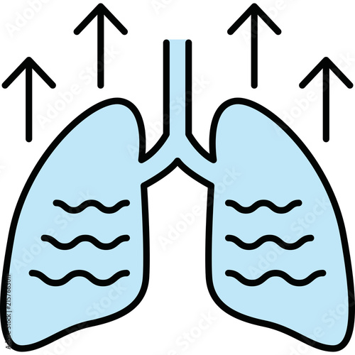 Fotografie A flat vector icon of light blue human lungs with wavy lines and upward arrows, set against a solid black background, symbolizing respiration, health, and breathing