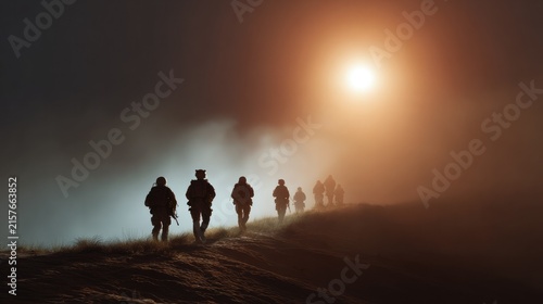Silhouette March: A group of figures in silhouette march onward through a mysterious, mist-laden landscape, illuminated by the warm, hazy glow of a setting sun.