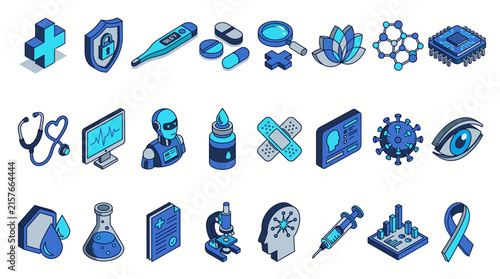 Foto Collection of 24 Flat Isometric Vector Medical and Clinical Research Icons