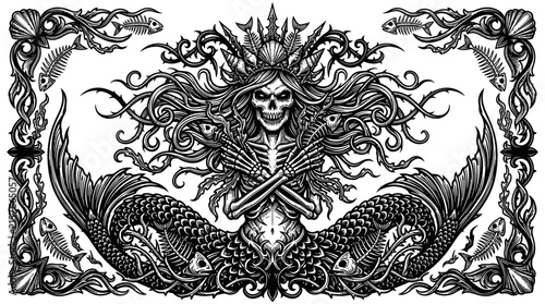 Gothic Mermaid Skeleton Illustration, Dark Fantasy Art, Isolated
