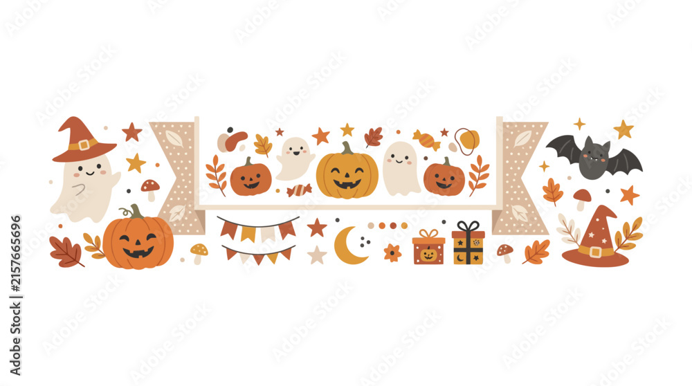 Fototapeta premium Halloween banner with pumpkins and ghosts.