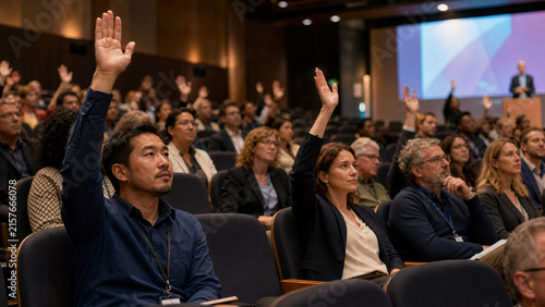 Audience members with raised hands participate in a conference session, seated in a modern auditorium with a speaker visible at the front, engaging in a discussion or Q&A session