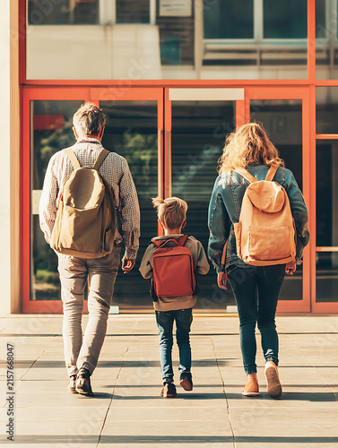 Family walks towards school entrance with backpacks on a sunny day