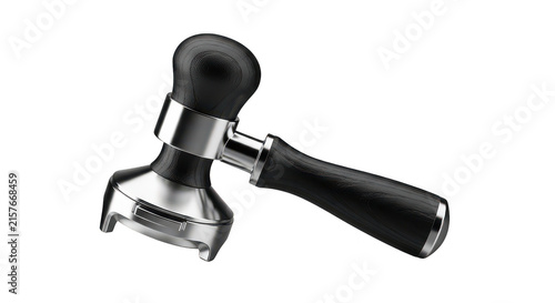 Espresso tamper with black wooden handle and shiny chrome base for coffee preparation.