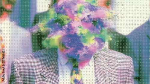 Distorted male portrait dissolves into colorful glitch pixels and abstract noise