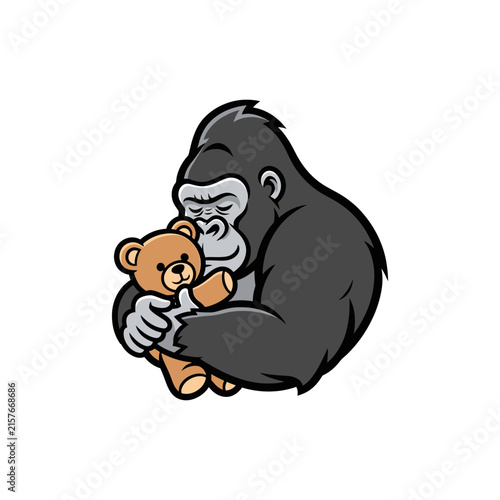 Gentle cartoon gorilla with a cute teddy bear in a warm embrace, concept of soft-hearted strength and protective love, suitable for children apparel design and mascot branding