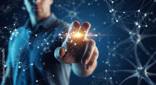 Man touching virtual digital network interface, artificial intelligence concept