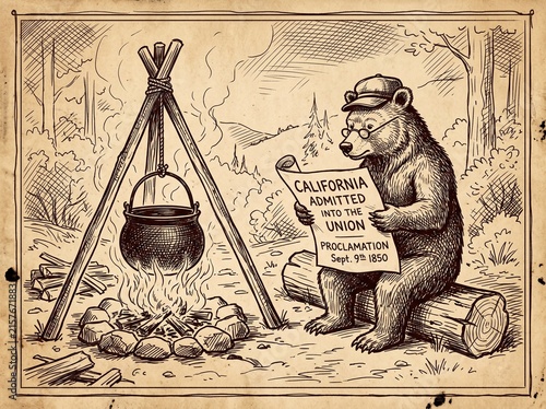 A whimsical, sepia-toned vintage-style illustration of a bear wearing glasses and a cap, sitting on a log and reading a newspaper titled California Admitted into the Union near a campfire.