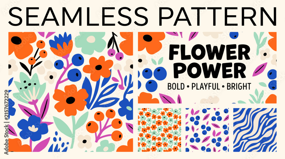 Obraz premium Flower Power seamless pattern collection, bold floral vector set, bright playful botanical backgrounds for textile design