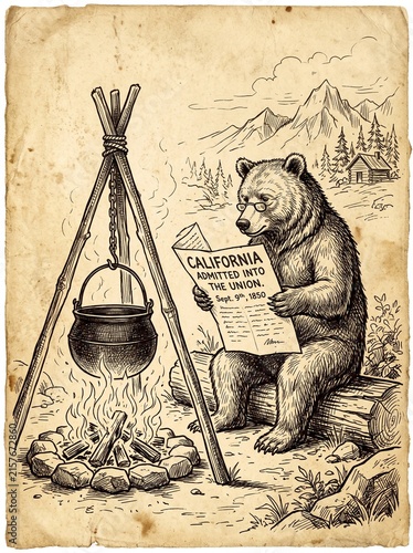 Vintage-style illustration of a grizzly bear sitting on a log by a campfire reading a newspaper titled California Admitted Into The Union 1850