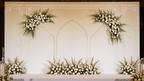 Elegant luxury wedding banquet hall and ceremony stage background decorated with floral arches, crystal chandeliers, and warm golden lighting.