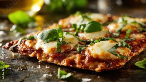 Rustic pizza slice close-up, melted cheese and herbs on dark slate, gourmet Italian food photography for menus and ads