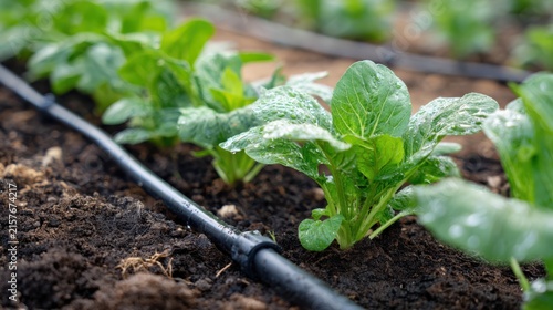 Organic vegetable garden seedlings in soil, drip irrigation hose close-up, green lettuce sprouts for farming and agriculture