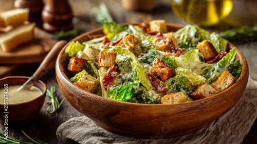 Rustic Caesar salad in wooden bowl, romaine lettuce and croutons close-up, fresh healthy meal on table