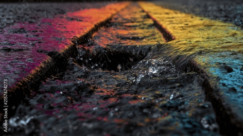 Abstract colorful pavement surface, wet rough asphalt texture with rainbow pigments and gritty road background for design