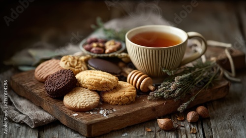 Rustic tea and cookies still life, warm cup on wooden tray, cozy autumn snack scene for cafe menu and lifestyle use