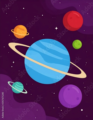 Colorful planets and moons in outer space scene.