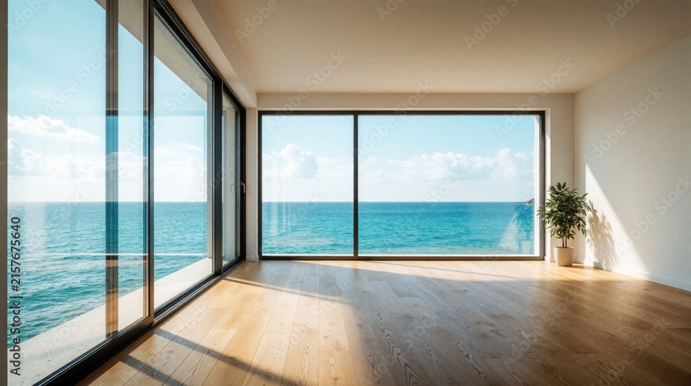 Fototapeta premium Modern empty room with large window overlooking blue ocean sea. Sunlight streams across wooden floor illuminating bright interior space with green potted plant.