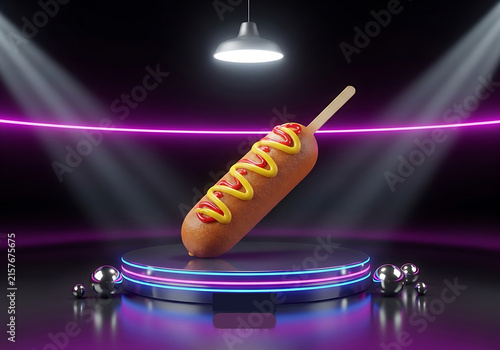 Hot dog with mustard and ketchup on a stick at event