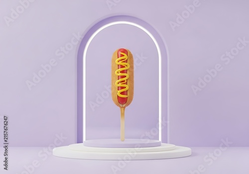 Hot dog with mustard on a stand under bright light