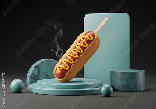 Hot dog with toppings on a table with soda and fries