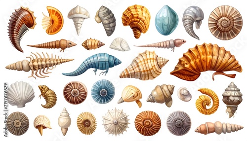 Assortment of dried seashells and starfish on white background.