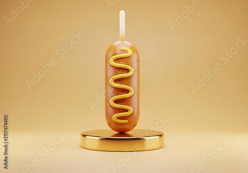 Hot dog with mustard on a stand ready to eat