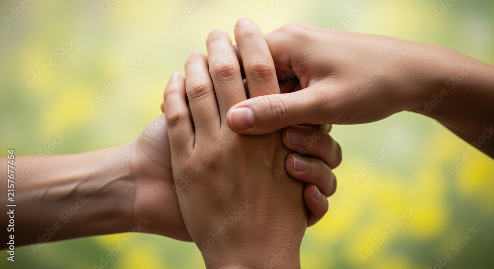 Obraz premium Three hands clasped together in support and unity on a blurred nature background