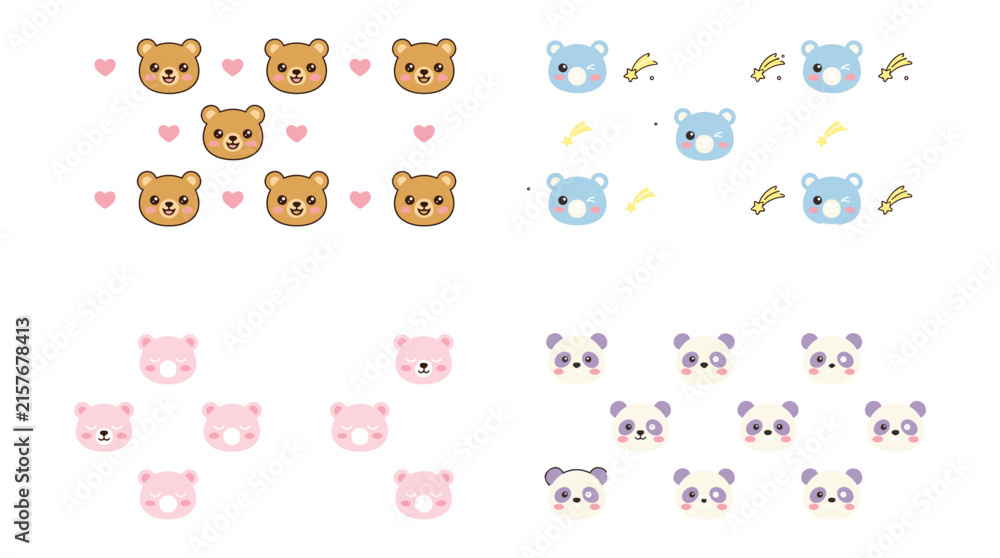 Fototapeta premium Cute Teddy Bear and Panda Seamless Pattern Vector Bundle with Teddy Heads, Blue Cubs, Pink Bears, Purple Pandas, Hearts, and Shooting Stars