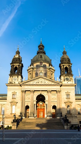 Historic Baroque church facade during bright sunny day.