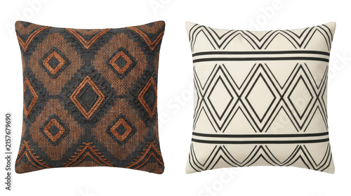 Set of two decorative throw pillows with geometric patterns isolated on transparent background