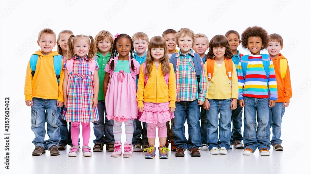 Obraz premium A diverse group of smiling elementary school children stands together.