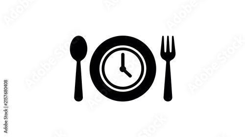 Black clock icon with spoon and fork for meal time