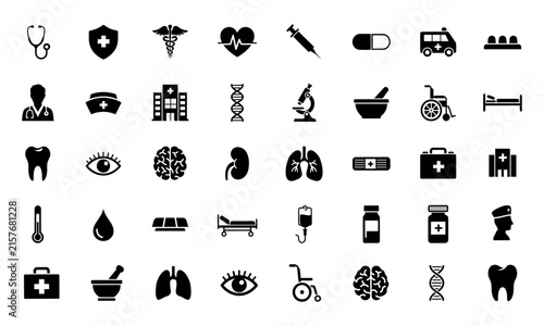 Medicare Healthcare Silhouette Icon Set. Containing Health Insurance, Medical Care, Doctor, Hospital, Wellness, Prescription, Treatment, Senior Care, Healthcare Services. Vector Illustration