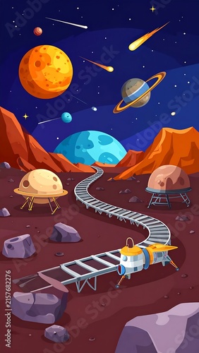 Futuristic space scene with planets and spaceship.